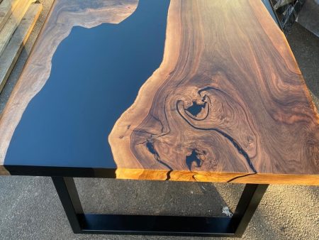 Black Resin Table, Epoxy Dining Table, Epoxy Resin Table, Custom 56” x 36”  Walnut Table, Black Epoxy River Dining Table for Troy For Sale