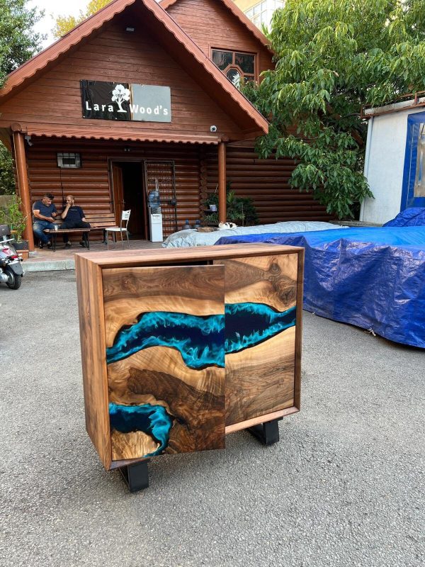 Custom 38” x 14” x 38” Epoxy Wood Credenza , Walnut Blue Epoxy Resin Cabinet, Blue River Credenza for Yohana Hot on Sale