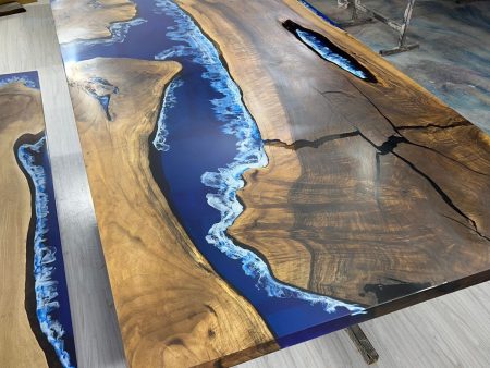 Walnut Dining Table, Live Edge Table, Custom 96” x 48” Walnut Wood Deep Blue and Turquoise, White Waves Table, Epoxy Table, for Deb&Steve For Discount