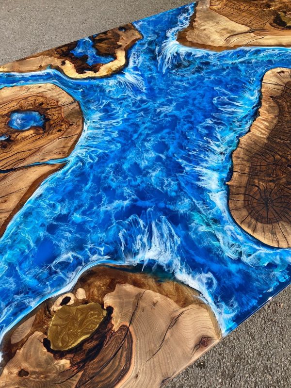 Epoxy Table, Epoxy Dining Table, Ocean Table, Custom 96” x 44” Hackberry Ocean Blue, Turquoise White Waves Epoxy River Table Order for Ans 2 Hot on Sale