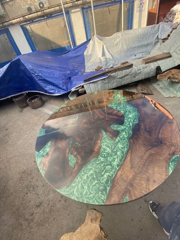 Epoxy Dining Table, Epoxy Resin Table, Custom 60” Diameter Round Walnut Table, Green Epoxy Shiny Dining Table, Custom Order for Laina on Sale