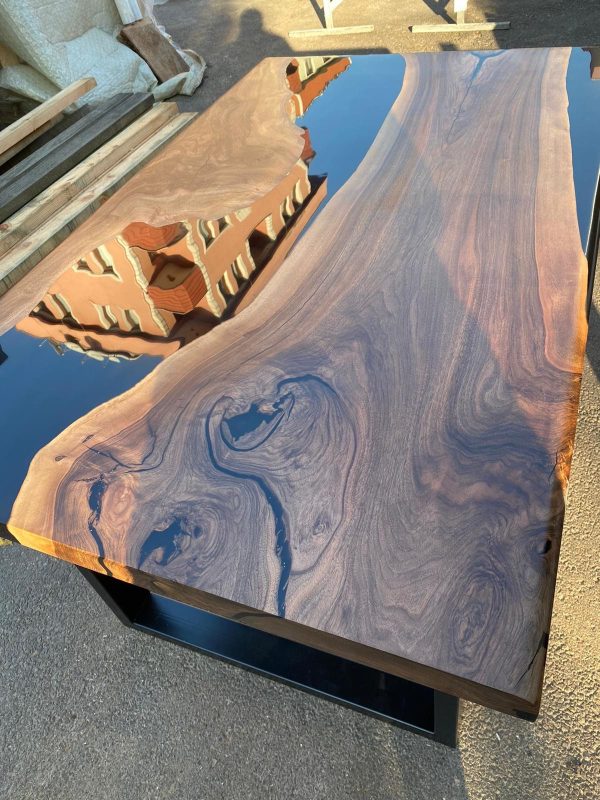 Black Resin Table, Epoxy Dining Table, Epoxy Resin Table, Custom 56” x 36”  Walnut Table, Black Epoxy River Dining Table for Troy For Sale