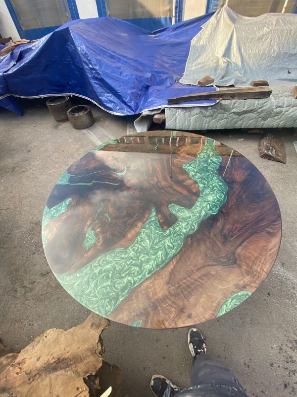 Epoxy Dining Table, Epoxy Resin Table, Custom 60” Diameter Round Walnut Table, Green Epoxy Shiny Dining Table, Custom Order for Laina on Sale