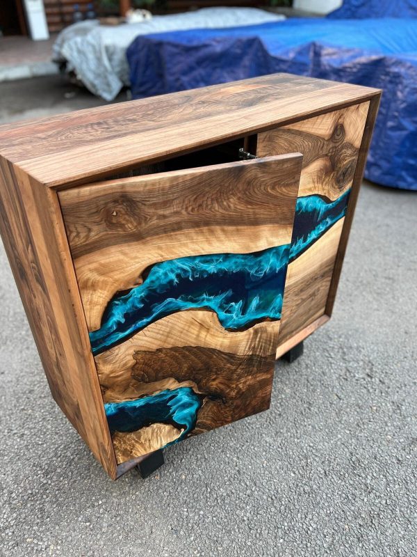 Custom 38” x 14” x 38” Epoxy Wood Credenza , Walnut Blue Epoxy Resin Cabinet, Blue River Credenza for Yohana Hot on Sale