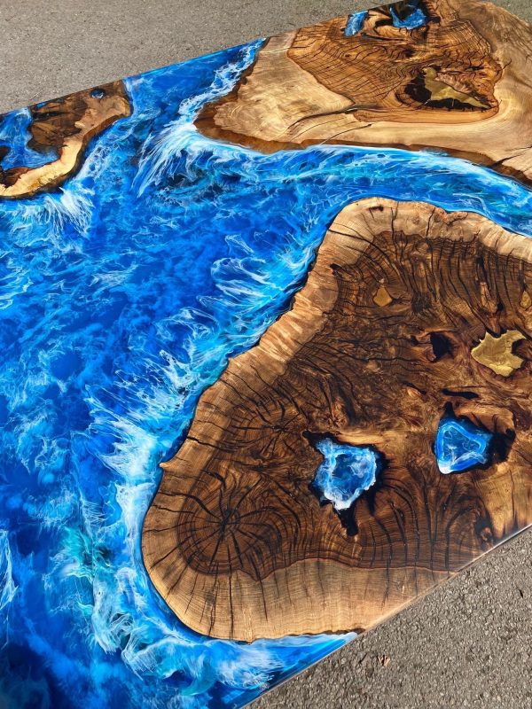 Epoxy Table, Epoxy Dining Table, Ocean Table, Custom 96” x 44” Hackberry Ocean Blue, Turquoise White Waves Epoxy River Table Order for Ans 2 Hot on Sale