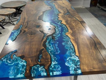 Walnut Dining Table, Live Edge Table, Custom 115” x 50” Walnut Ocean Blue, Turquoise White Waves Epoxy, River Dining Table Order for Kishan3 Online Hot Sale