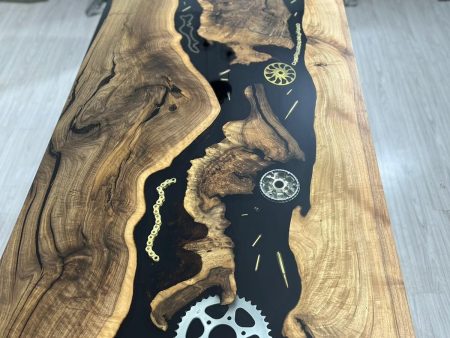 Walnut Dining Table, Walnut Epoxy Table, Custom 72  x 36  Black Epoxy Resin Table with Wheel Chains, Custom Order for Kristyn Ander Cheap