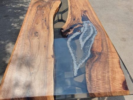 Walnut Dining Table, Live Edge Table, Custom 96” x 43” Walnut Smokey Gray Epoxy Resin with Silver Diamonds, Dining Table Order for Andrea For Discount