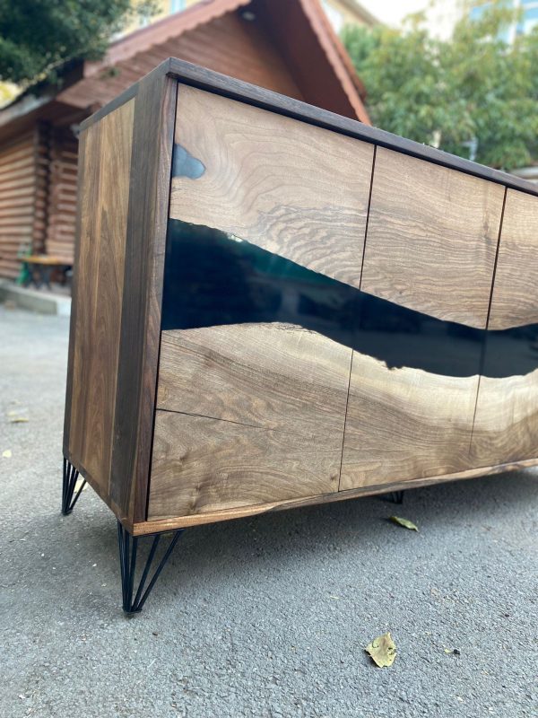 Black Epoxy Resin Credenza, Custom 70”L x 20”D x 30”H Walnut Credenza, Wood Credenza, Walnut Epoxy Credenza Order for Katie L Hot on Sale