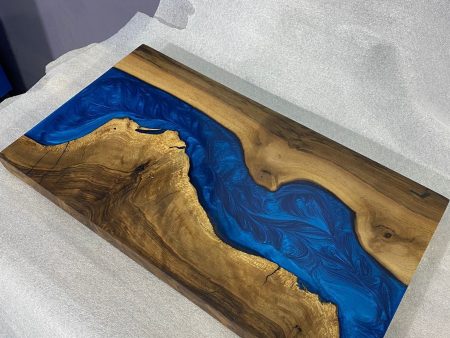 Custom Epoxy Resin River Table, 18” x 10” Walnut Wood Blue Table, Handmade Epoxy Table, Unique Resin Epoxy Table for Home and Office Peggy3 Cheap