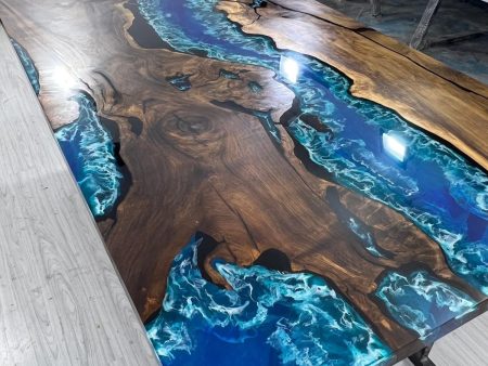 Walnut Dining Table, Live Edge Table, Custom 115” x 50” Walnut Ocean Blue, Turquoise White Waves Epoxy, River Dining Table Order for Kishan2 For Cheap