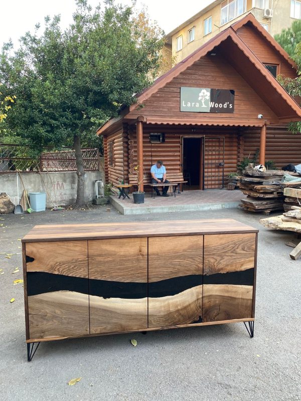 Black Epoxy Resin Credenza, Custom 70”L x 20”D x 30”H Walnut Credenza, Wood Credenza, Walnut Epoxy Credenza Order for Katie L Hot on Sale