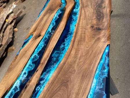 Walnut Dining Table, Live Edge Table, Custom 108” x 42” Walnut Ocean Blue, Turquoise White Waves Epoxy River Dining Table Order for Sinaan M Sale