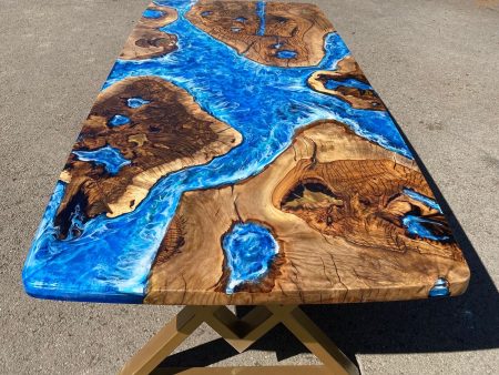 Epoxy Table, Epoxy Dining Table, Ocean Table, Custom 96” x 44” Hackberry Ocean Blue, Turquoise White Waves Epoxy River Table Order for Ans 2 Hot on Sale