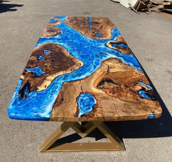 Epoxy Table, Epoxy Dining Table, Ocean Table, Custom 96” x 44” Hackberry Ocean Blue, Turquoise White Waves Epoxy River Table Order for Ans 2 Hot on Sale