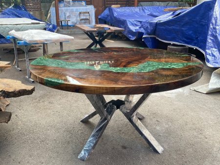 Epoxy Dining Table, Epoxy Resin Table, Custom 60” Diameter Round Walnut Table, Green Epoxy Shiny Dining Table, Custom Order for Laina on Sale