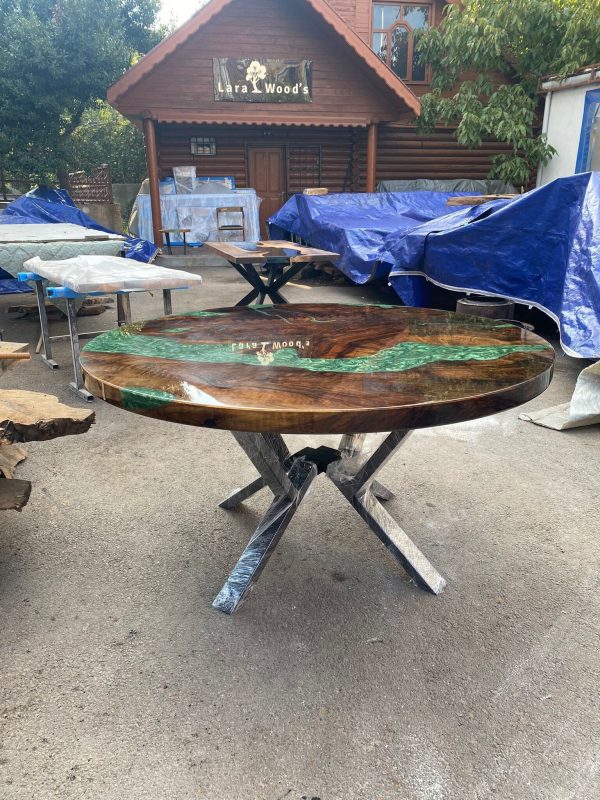 Epoxy Dining Table, Epoxy Resin Table, Custom 60” Diameter Round Walnut Table, Green Epoxy Shiny Dining Table, Custom Order for Laina on Sale