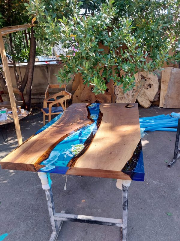 Handmade Epoxy Table, Custom 60” x 36” Walnut Blue Turquoise Epoxy Table, Epoxy River Dining Table with Turtles, Custom Order for Marie2 Sale