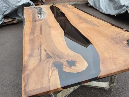 Walnut Dining Table, Live Edge Table, Custom 108  x 44  Walnut Smokey Gray Table, Epoxy River Table, Epoxy Dining Table,  Order for Vickiee For Sale