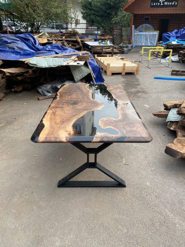 Epoxy Resin River Table, Epoxy Dining Table, Custom 72” x 40” Walnut Black Table, Handmade Epoxy Table Order for Lee D For Sale