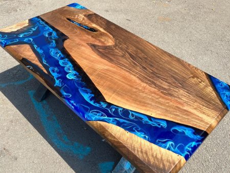 Epoxy Coffee Table, Custom 48” x 24” Walnut Ocean Blue, Turquoise White Waves Epoxy River Coffee Table Order for David Online Sale