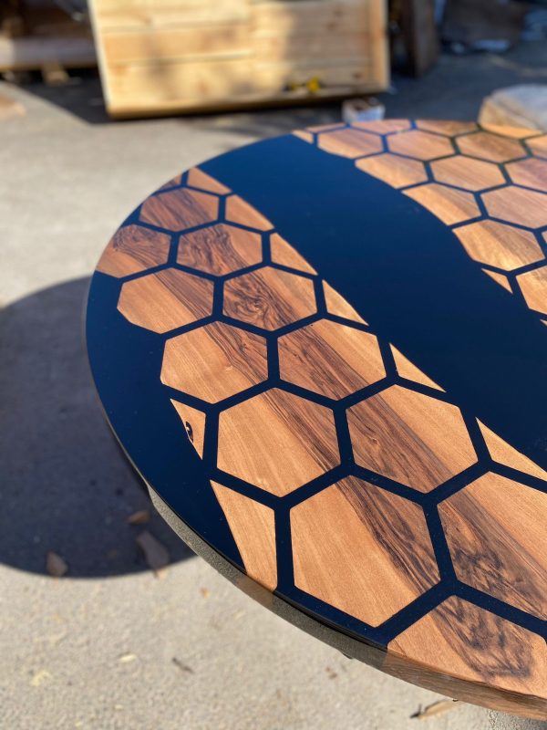 Custom 48” Diameter Round Table, Walnut Black Epoxy Table, Hexagon Honeycomb Table for Jodi Supply