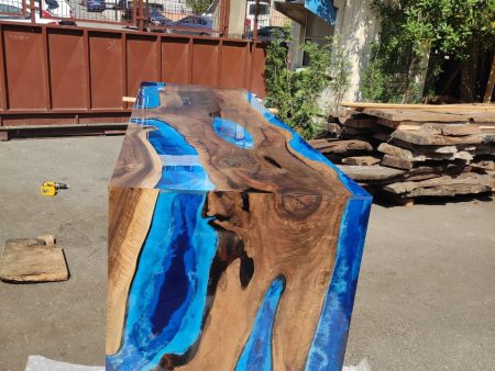 Custom 115” x 36” x 42” Walnut Ocean Blue, Turquoise White Waves Epoxy Table, Epoxy River Dining Waterfall Shape Table Order for Douglas on Sale