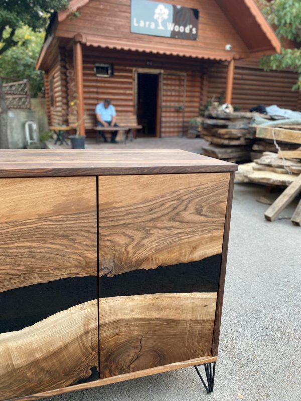 Black Epoxy Resin Credenza, Custom 70”L x 20”D x 30”H Walnut Credenza, Wood Credenza, Walnut Epoxy Credenza Order for Katie L Hot on Sale