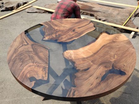 Epoxy Coffee Table, Epoxy Dining Table, Epoxy Resin Table, Custom 46” Diameter Round Walnut Wood Smokey Gray Epoxy Table Order for Sundarkia For Cheap