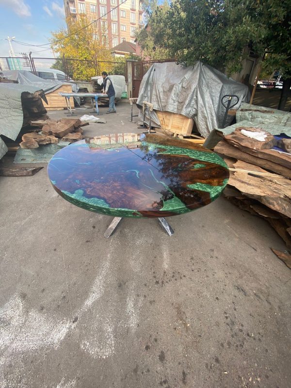 Epoxy Dining Table, Epoxy Resin Table, Custom 60” Diameter Round Walnut Table, Green Epoxy Shiny Dining Table, Custom Order for Laina on Sale