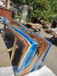 Custom 115” x 36” x 42” Walnut Ocean Blue, Turquoise White Waves Epoxy Table, Epoxy River Dining Waterfall Shape Table Order for Douglas on Sale