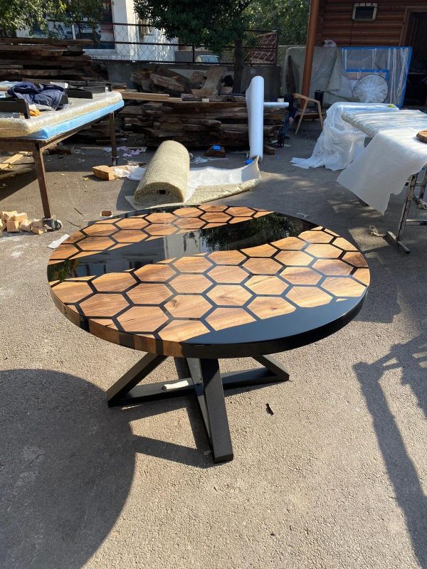 Custom 48” Diameter Round Table, Walnut Black Epoxy Table, Hexagon Honeycomb Table for Jodi 2 Online Sale