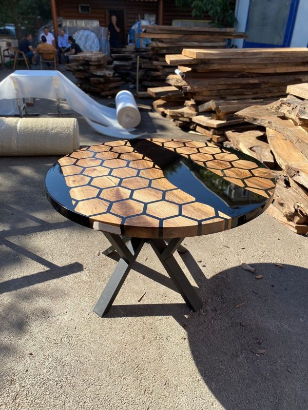 Custom 48” Diameter Round Table, Walnut Black Epoxy Table, Hexagon Honeycomb Table for Jodi Supply