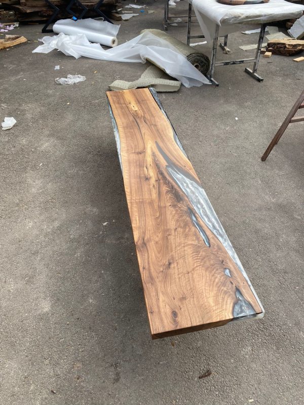 Clear Epoxy Table, River Table, Live Edge Table, Custom 86” x 17” Walnut Wood Gray Table, Marble Effect Epoxy Bench for Korrine 3 For Cheap