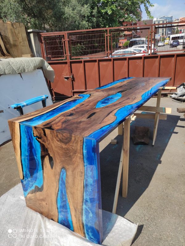 Custom 115” x 36” x 42” Walnut Ocean Blue, Turquoise White Waves Epoxy Table, Epoxy River Dining Waterfall Shape Table Order for Douglas on Sale