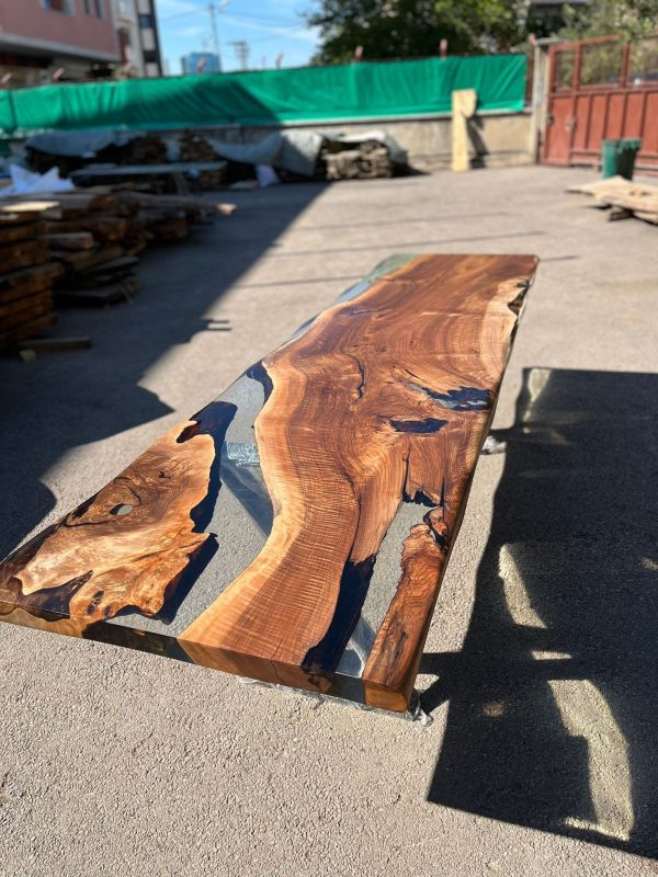 Custom 115” x 30” Walnut Smoke Gray Epoxy River Table Order for Krishawn Online Sale