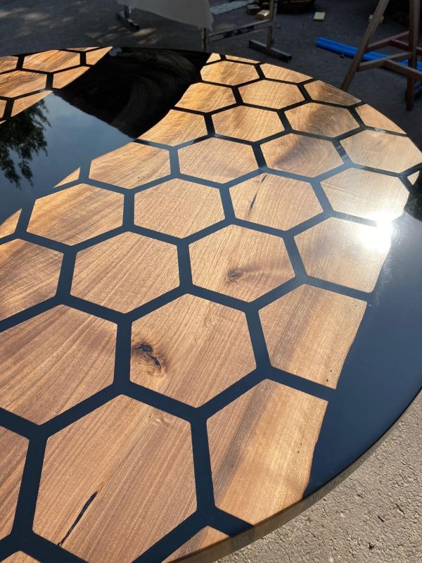 Custom 48” Diameter Round Table, Walnut Black Epoxy Table, Hexagon Honeycomb Table for Jodi 2 Online Sale