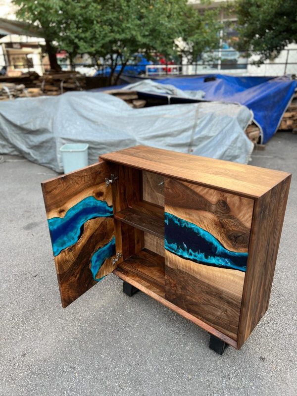 Custom 38” x 14” x 38” Epoxy Wood Credenza , Walnut Blue Epoxy Resin Cabinet, Blue River Credenza for Yohana Hot on Sale