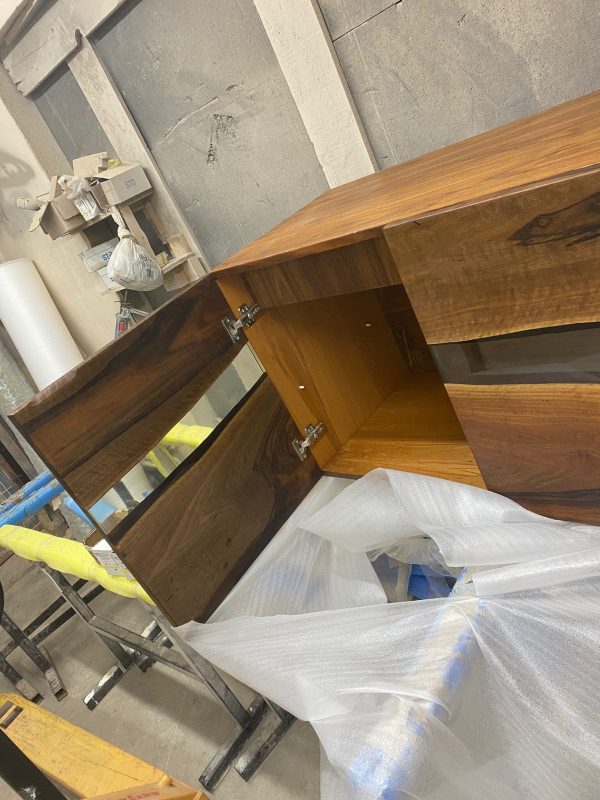 Clear Epoxy Resin Table, Custom 86”L x 20”D x 28”-36”H Walnut Credenza, Wood Smokey Gray Epoxy Resin Credenza, Walnut Epoxy Credenza on Sale