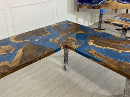 Custom 90” x 78” x 30”D Walnut Wood Epoxy Blue, Turquoise, Green River L shape Office Desk Table Order for Nicholas For Cheap