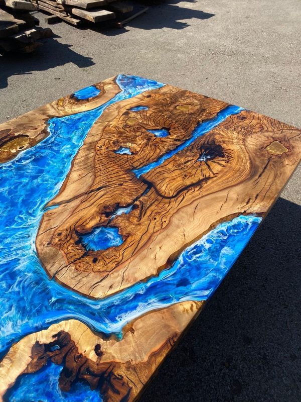 Epoxy Table, Epoxy Dining Table, Ocean Table, Custom 96” x 44” Hackberry Ocean Blue, Turquoise White Waves Epoxy River Table Order for Ans 2 Hot on Sale