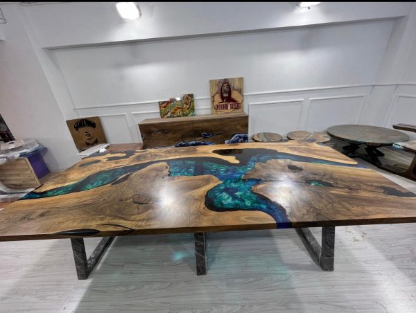 Ocean Table, Epoxy Dining Table, Custom 115” x 52” Walnut Wood Ocean Aquarium Theme Table, Epoxy River Table, Custom Order for Erika Fashion