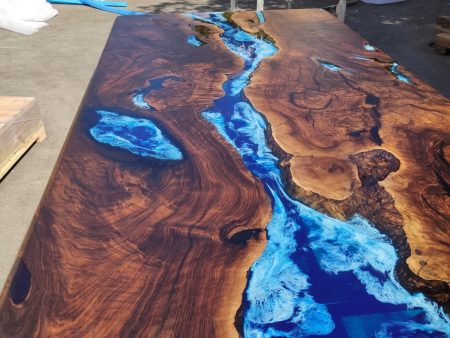 Walnut Dining Table, Live Edge Table, Custom 96” x 48” Walnut Wood Deep Blue and Turquoise, White Waves Table, Epoxy Table, for Alejandro Fashion