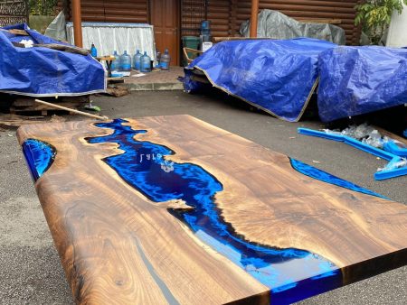 Custom 72” x 42” Walnut Deep Dark Blue and White Swirls Epoxy Dining Table Order for Veronica Fashion