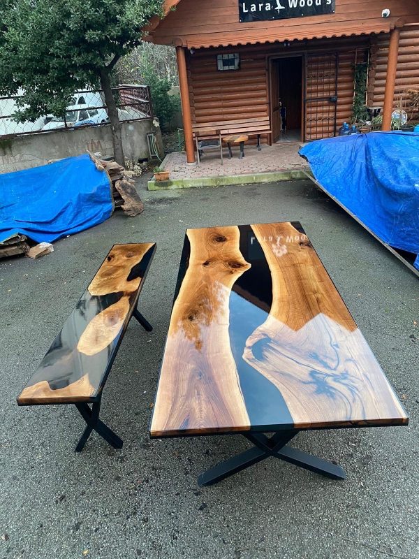 Walnut Dining Table, Custom 103” x 44” Unique Walnut Table, Black Epoxy River Table, River Shiny Dining Table, Custom Order for Sue Online now