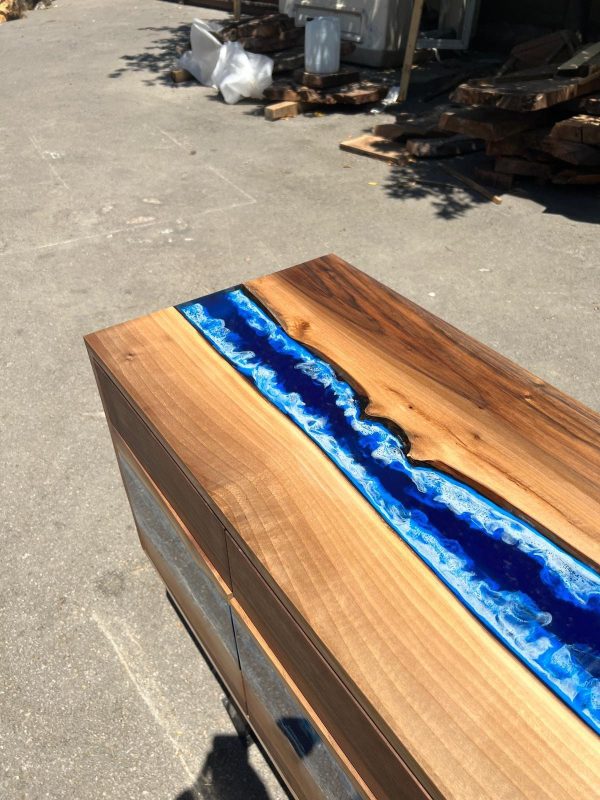 Custom 32” x 24” x 18” Epoxy Nightstand , Walnut Blue Epoxy Resin Cabinet, Blue River Nightstand for Noah Online