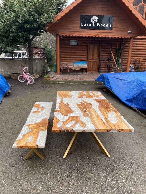 Custom 78” x 44  Olive Wood Epoxy Table, Olive Wood Table, Pearl Epoxy Resin Dining Table, Live Edge White Table, Made to Order for Ans 1 For Discount