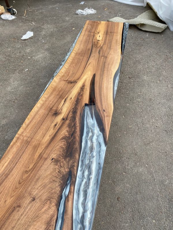 Clear Epoxy Table, River Table, Live Edge Table, Custom 86” x 17” Walnut Wood Gray Table, Marble Effect Epoxy Bench for Korrine 3 For Cheap