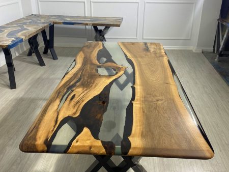 Custom 84” x 40” Walnut Wood Clear Color Epoxy River Table Order for Maria P Online Sale